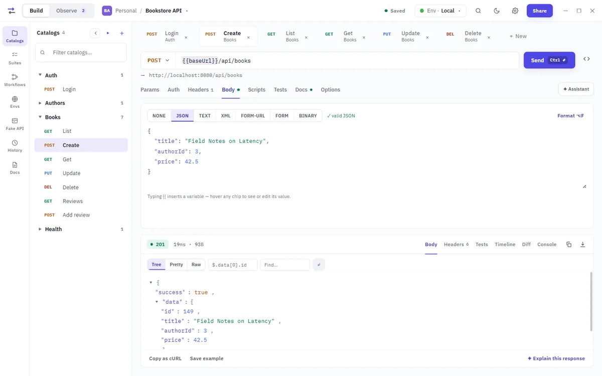 A POST to create a book with a JSON body, answered 201 in 171 ms with the created record shown as a JSON tree.