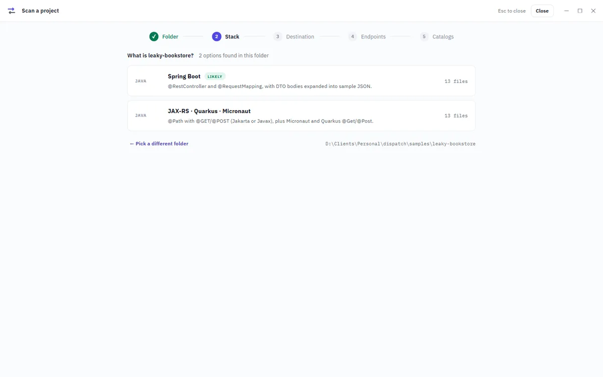 Scan a project asking which of two frameworks found in the folder the service uses, with Spring Boot marked likely.