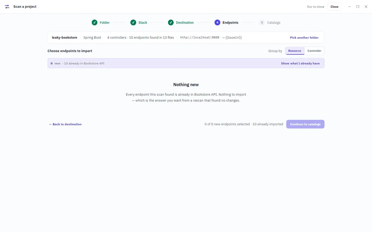 A rescan reporting nothing new: every endpoint it found is already in the project.