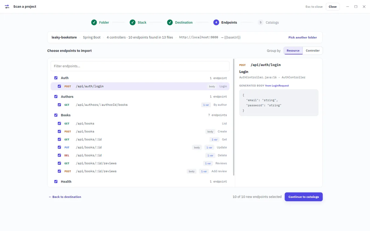 The Scan a project wizard at its Endpoints step: ten endpoints found in a Spring Boot service, grouped into Auth, Authors, Books and Health, with the generated JSON body for POST /api/auth/login.