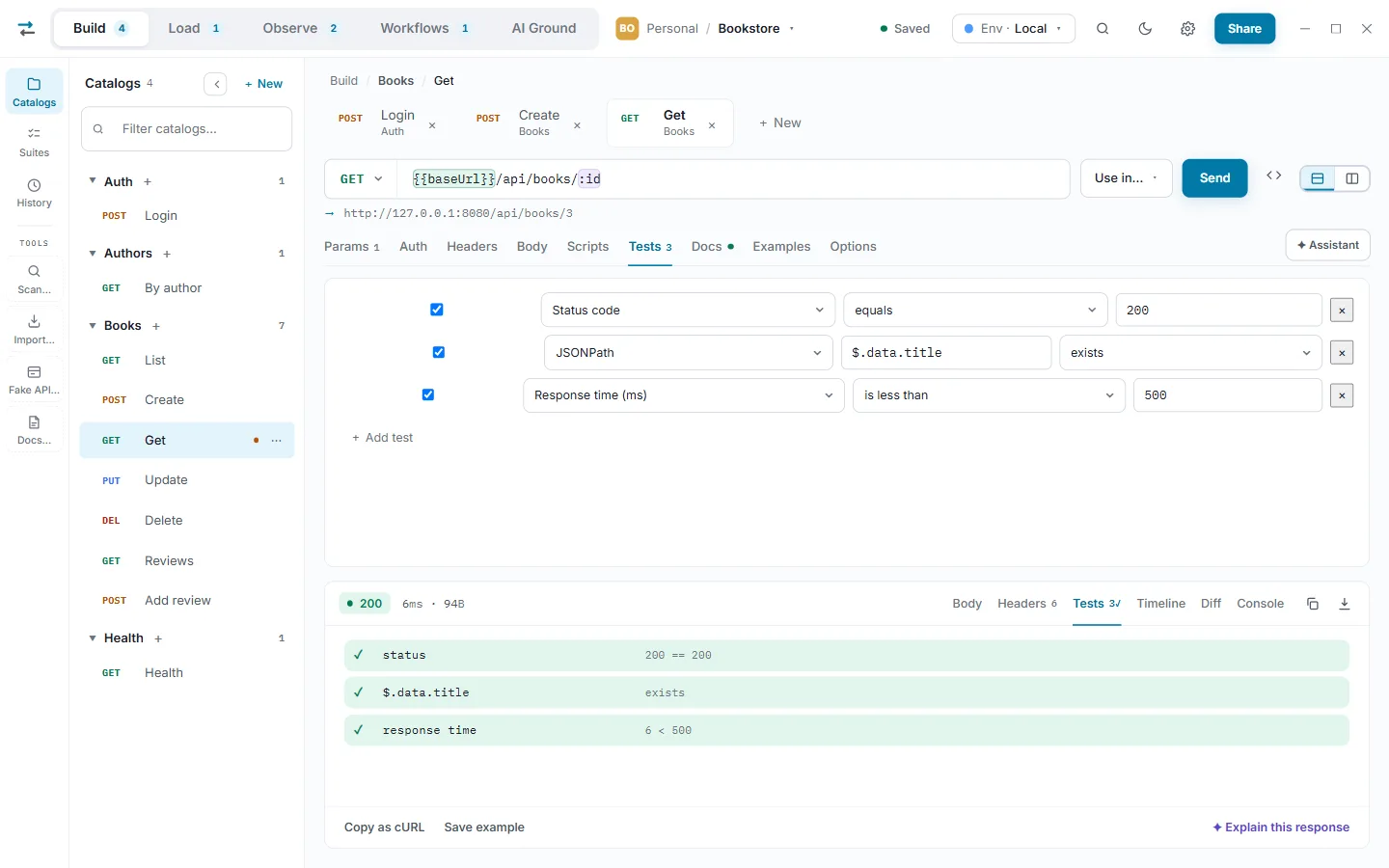 The Tests tab of GET /api/books/:id with three assertions — status code equals 200, the JSONPath $.data.title exists, response time less than 500 ms — and the response's own Tests tab showing all three passed.