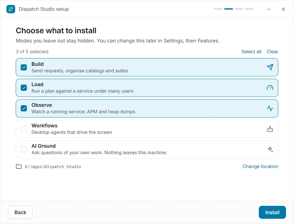 The setup window on its Choose what to install screen: Build, Load and Observe ticked, Workflows and AI Ground unticked, each with a one-line description, a count of three of five selected, the install folder with a Change location link, and an Install button.