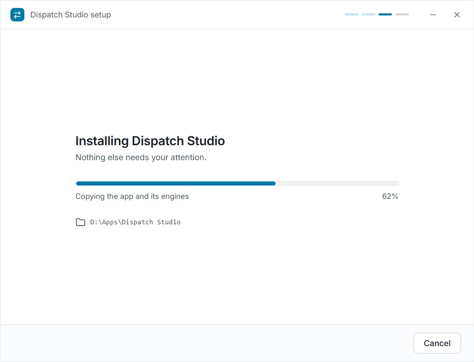 The setup window while installing: a blue progress bar at 62 percent, the line "Copying the app and its engines", the install folder and a Cancel button.